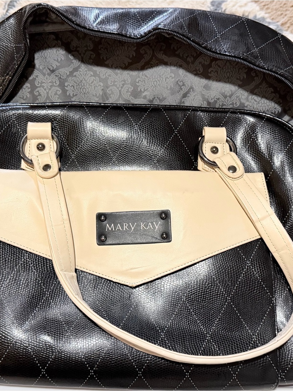Mary Kay Black and Cream Quilted Tote with Branded Plaque
